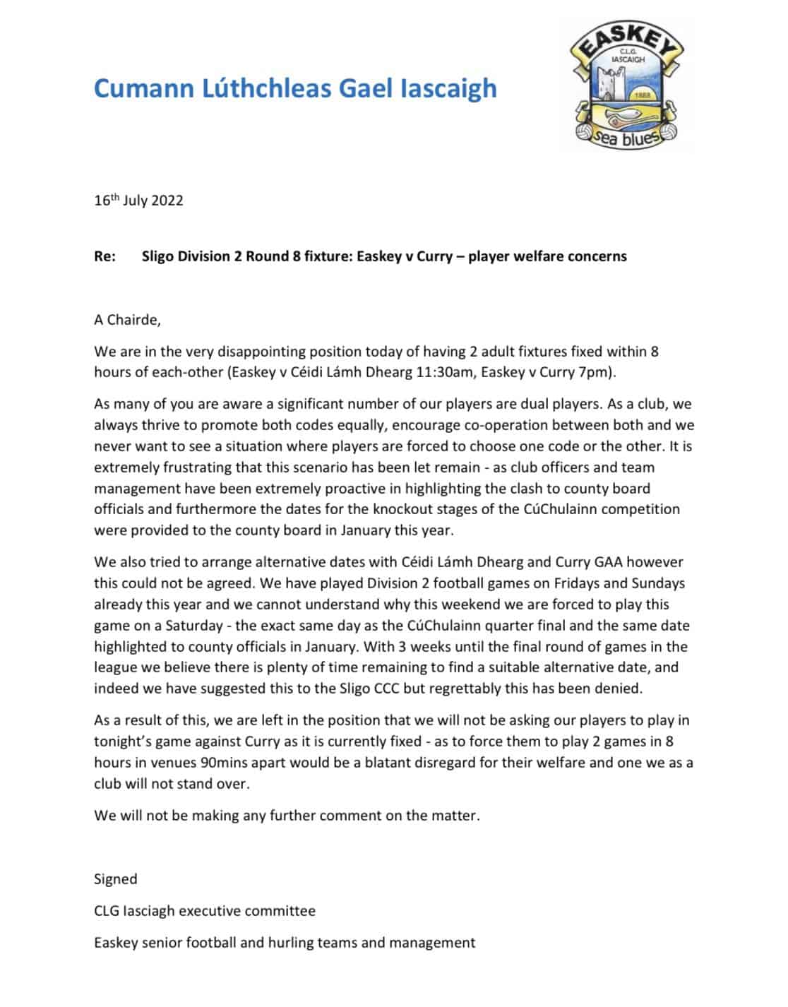 Easkey GAA statement 16072022